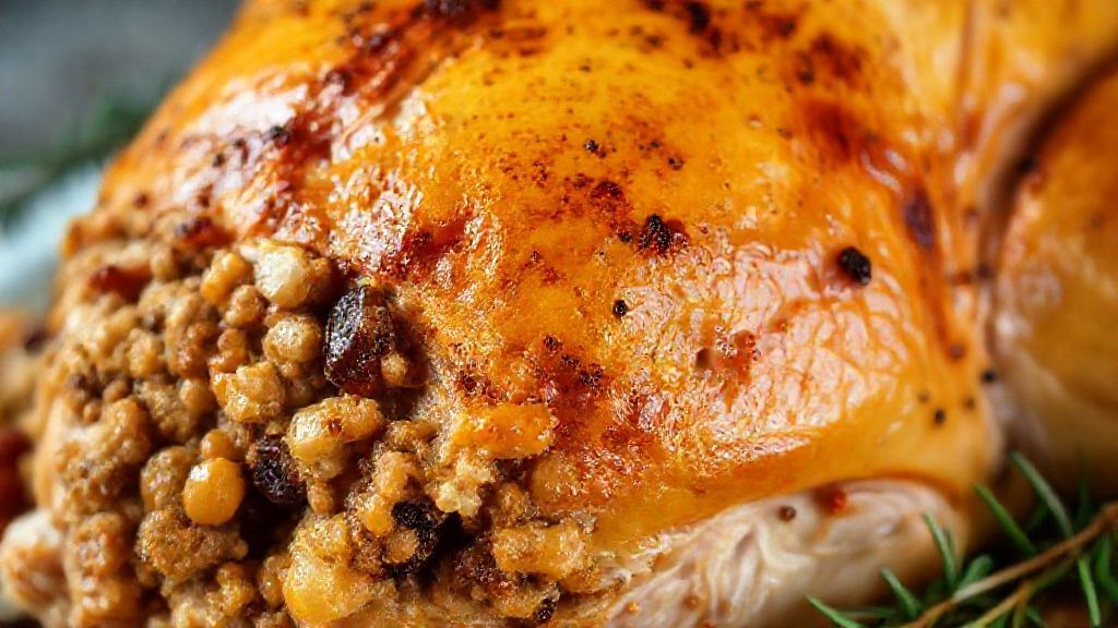 Close-up mostrando a pele dourada e o recheio de castanhas e uvas passas no interior do peru fatiado