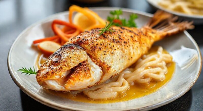 Peixe dourado assado no forno com legumes, servido em travessa, aparência suculenta e crocante