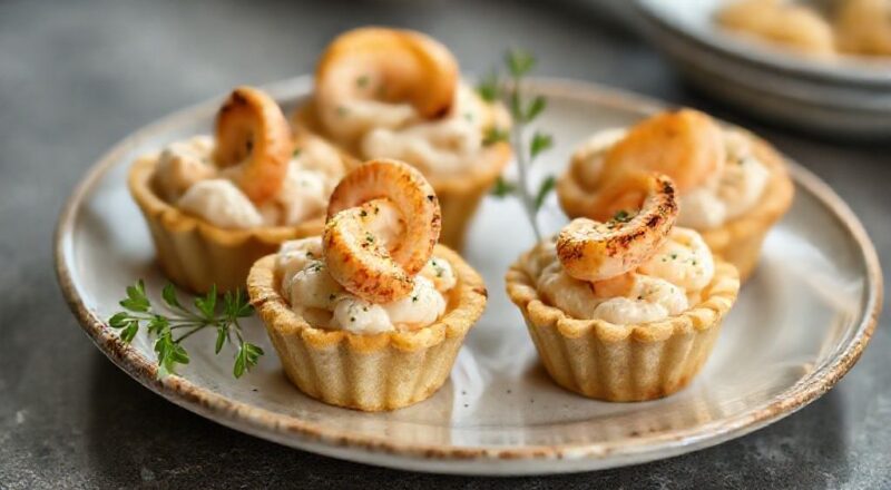 Empadinhas douradas e crocantes, recheadas com creme de camarão e servidas em uma bela travessa.