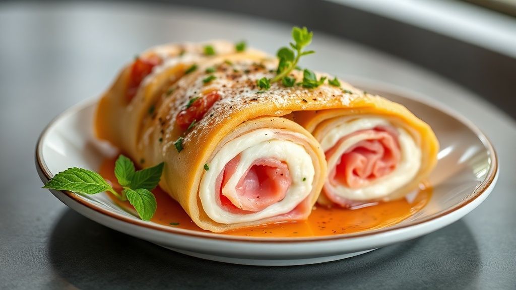 Enrolado de mussarela e presunto dourado, com massa fofinha e recheio derretendo, pronto para servir