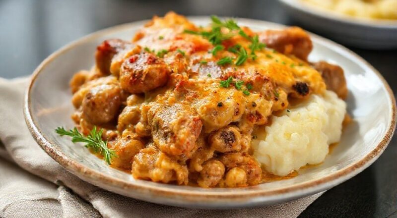 Prato gratinado e dourado no topo, com camadas de purê e recheio de salsicha, servido em refratário rústico e apetitoso.