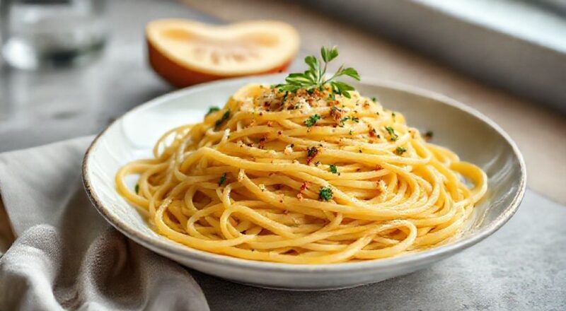 Prato de espaguete alho e óleo simples, com alho dourado e salsinha fresca, servido de forma elegante.