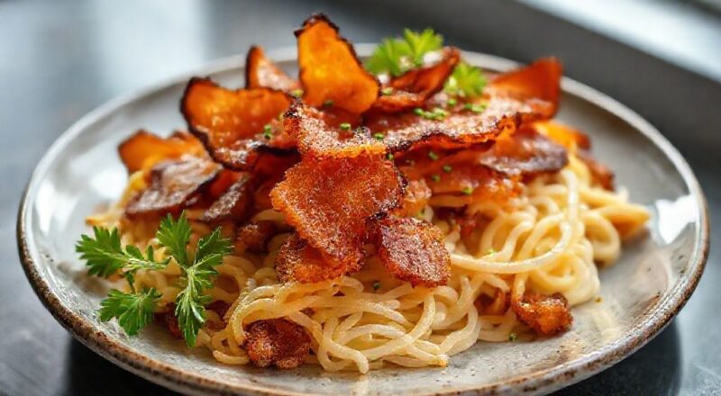 Farofa dourada com pedaços de bacon crocantes servida em tigela rústica, com aparência deliciosa e apetitosa