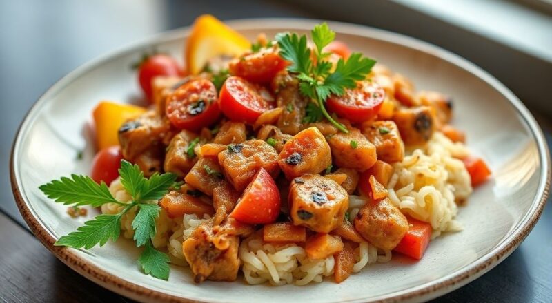 Farofa natalina dourada e crocante servida em travessa de cerâmica, com nozes e passas decorando o topo