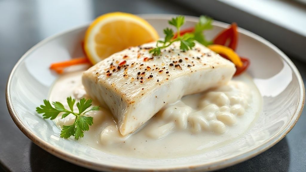 Prato de filé de merluza ao molho de leite de coco cremoso, decorado com coentro e servido com arroz branco