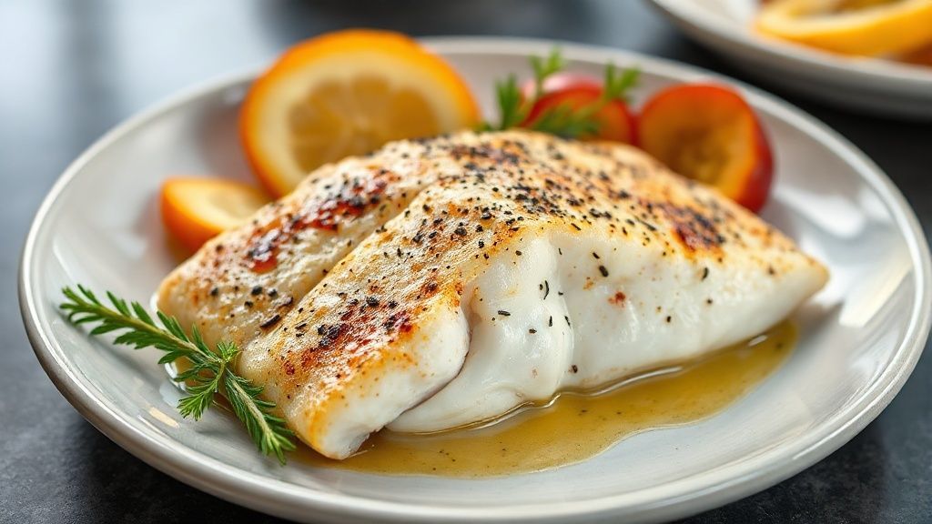 Filé de tilápia assado no forno dourado, suculento e aromático servido com tomates e ervas frescas