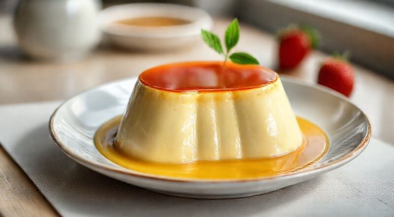 Flan de baunilha cremoso servido em prato branco com calda de caramelo escorrendo e brilho dourado.