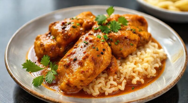 Frango suculento ao molho vermelho dourado, servido em prato fundo com ervas e arroz branco ao lado