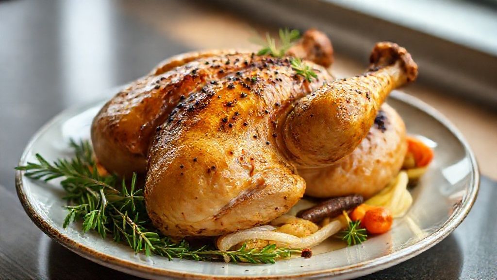 Frango assado dourado, com pele crocante e carne suculenta, servido em travessa rústica