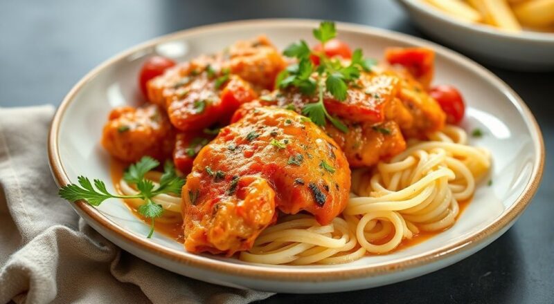 Frango assado dourado e suculento com páprica, servido com legumes coloridos e ervas frescas