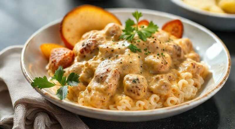 Prato de frango cremoso servido pronto, com molho espesso e toque de cheiro-verde, apresentação caseira e apetitosa