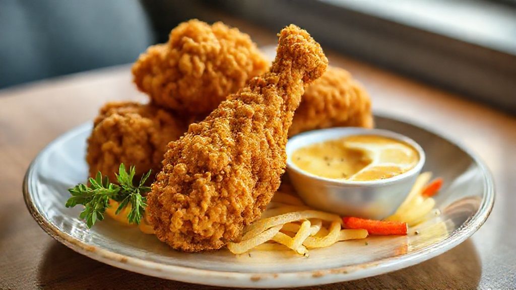 Frango crocante dourado e suculento servido em prato rústico com casquinha dourada