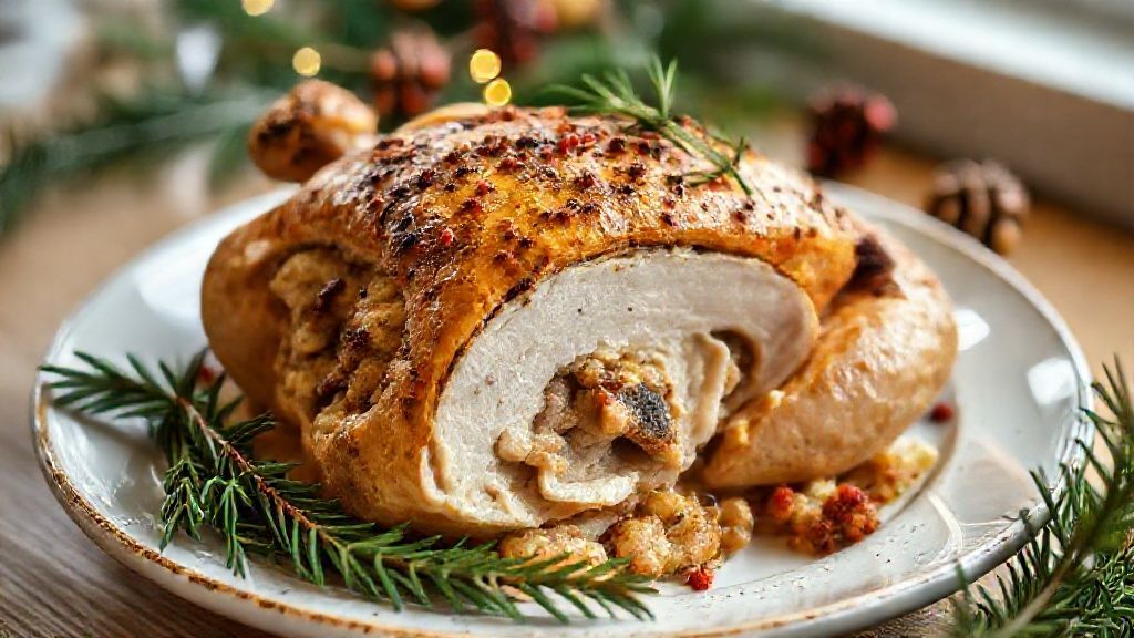 Frango dourado e suculento recheado com farofa natalina, servido em travessa decorada com ervas e frutas secas