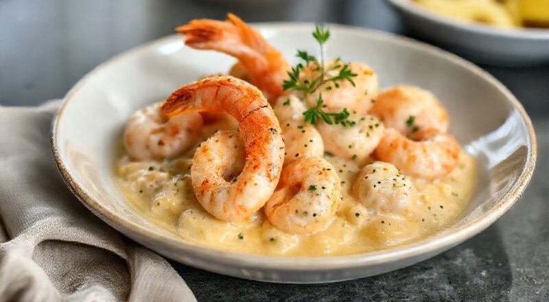 Fricassê de camarão cremoso gratinado com queijo derretido e batata palha crocante servido em travessa dourada