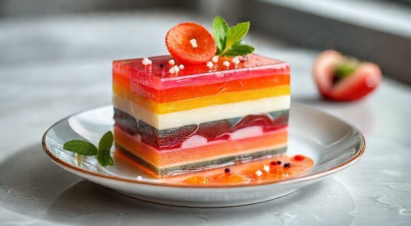 Travessa de gelatina colorida em camadas com creme branco, exibindo cores vivas e brilho gelado