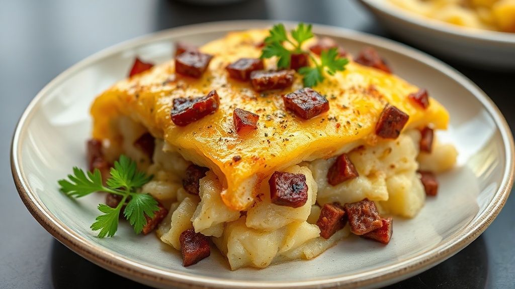 Gratinado de batatas com carne seca dourado, com camadas cremosas e queijo derretido por cima, servido em travessa de cerâmica.