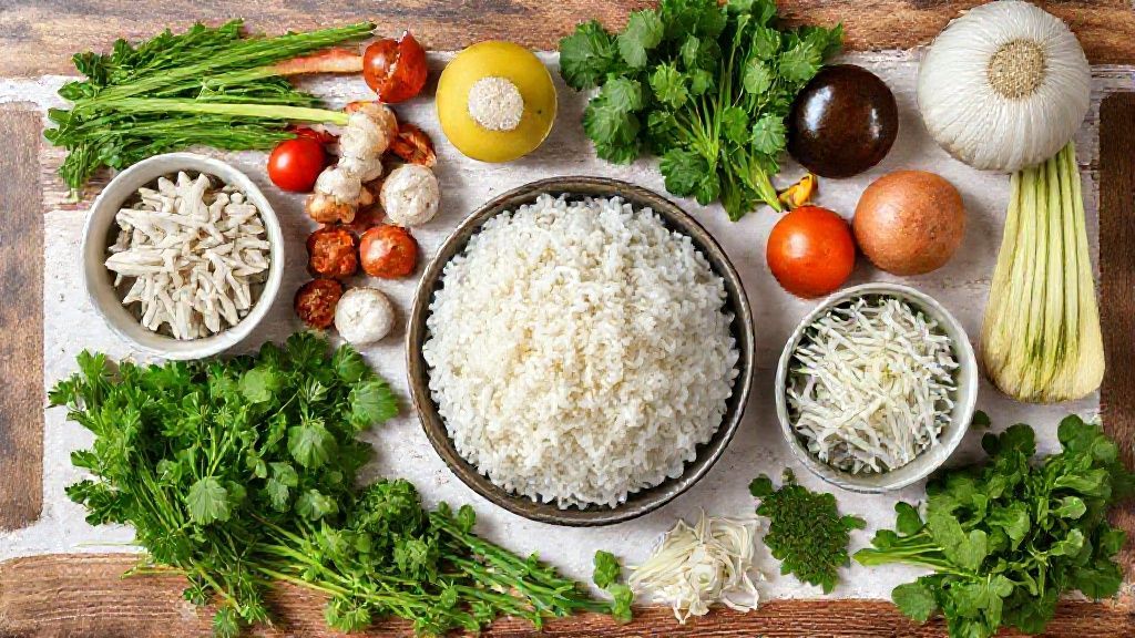 Visão de cima com os ingredientes da receita organizados em uma bancada de madeira, mostrando arroz, linguiça, legumes e temperos regionais