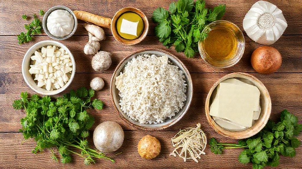 Visão de cima com todos os ingredientes do biscoito de mandioca organizados sobre uma bancada de madeira.