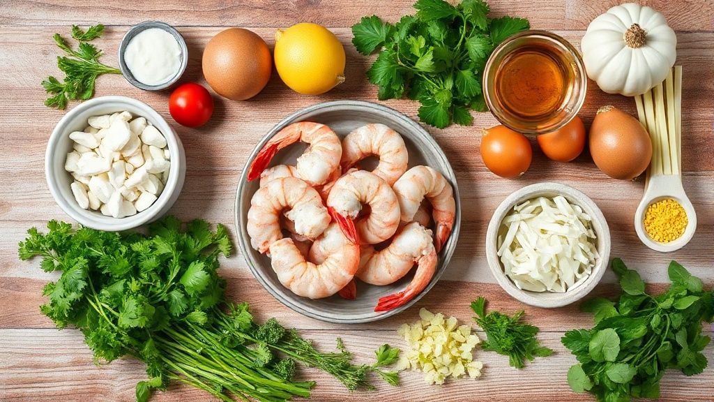 Visão de cima mostrando camarões, mandioca, leite de coco, dendê e temperos frescos organizados em uma bancada de cozinha