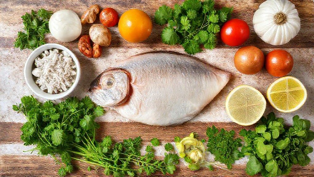 Visão de cima dos ingredientes frescos e organizados do bobó de tilápia em uma bancada