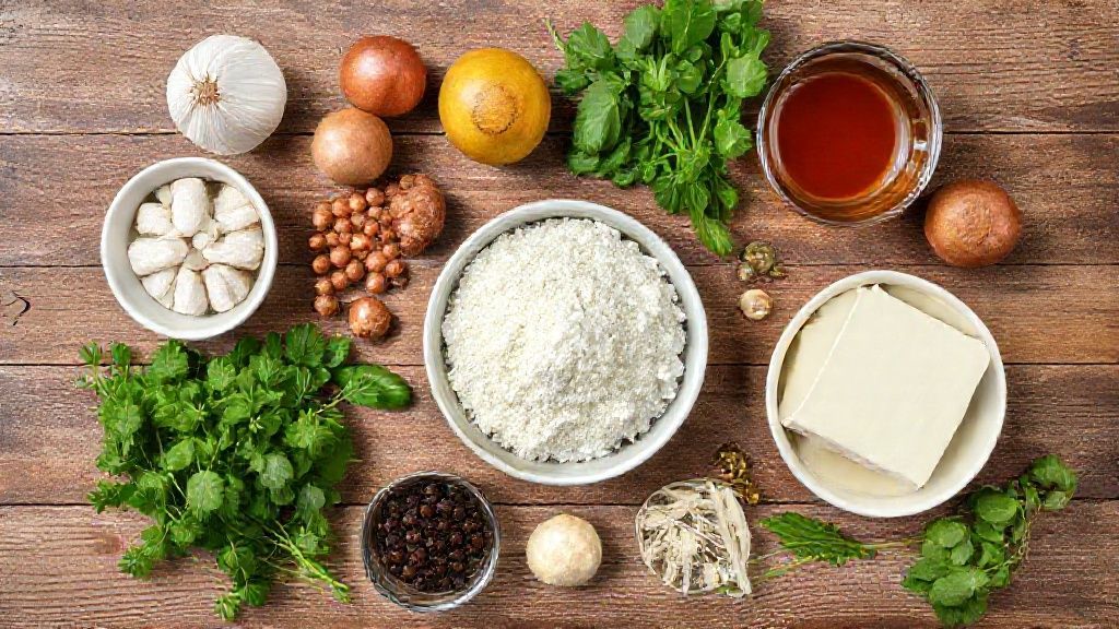 Ingredientes separados em tigelinhas — farinha, açúcar, leite, ovos, manteiga, fermento e canela — em uma bancada de madeira rústica.