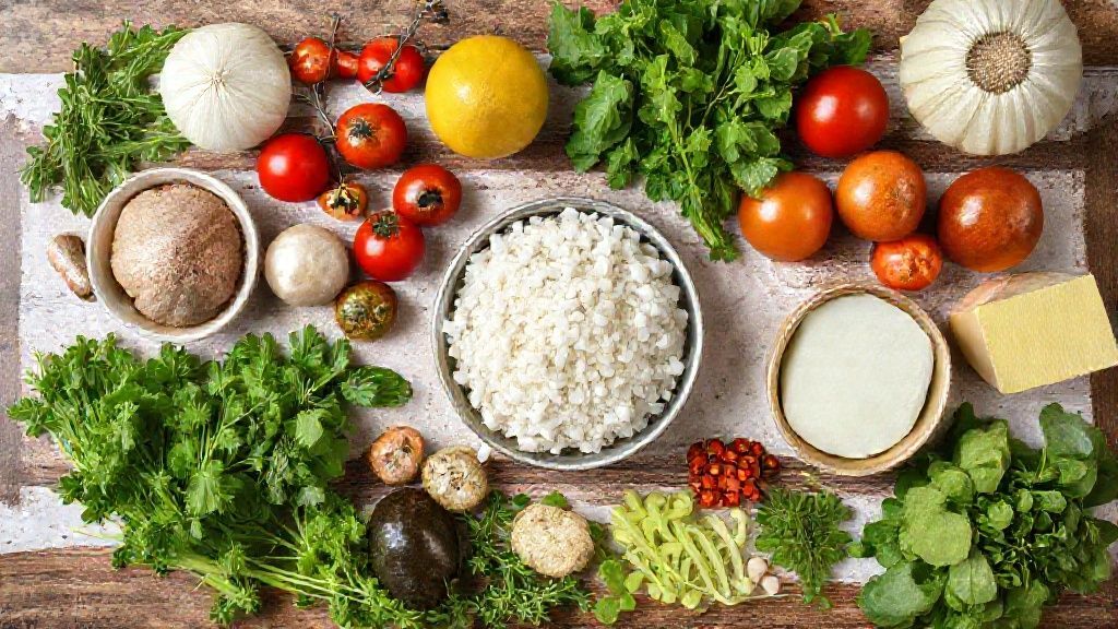 Visão de cima com os ingredientes da farofa natalina organizados em uma bancada de madeira