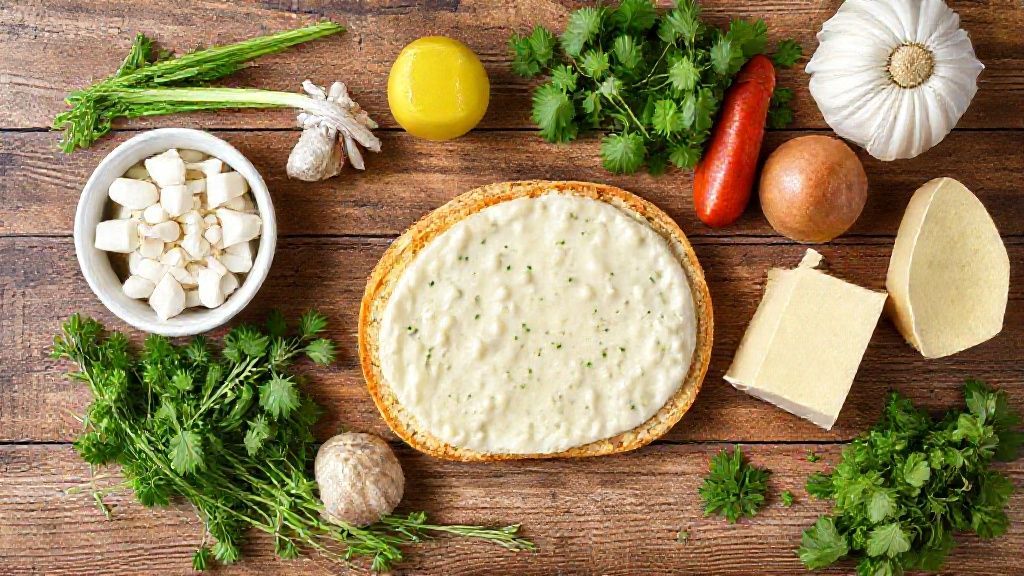 Visão de cima com mussarela, calabresa, requeijão, alho e pães franceses dispostos em bancada de madeira