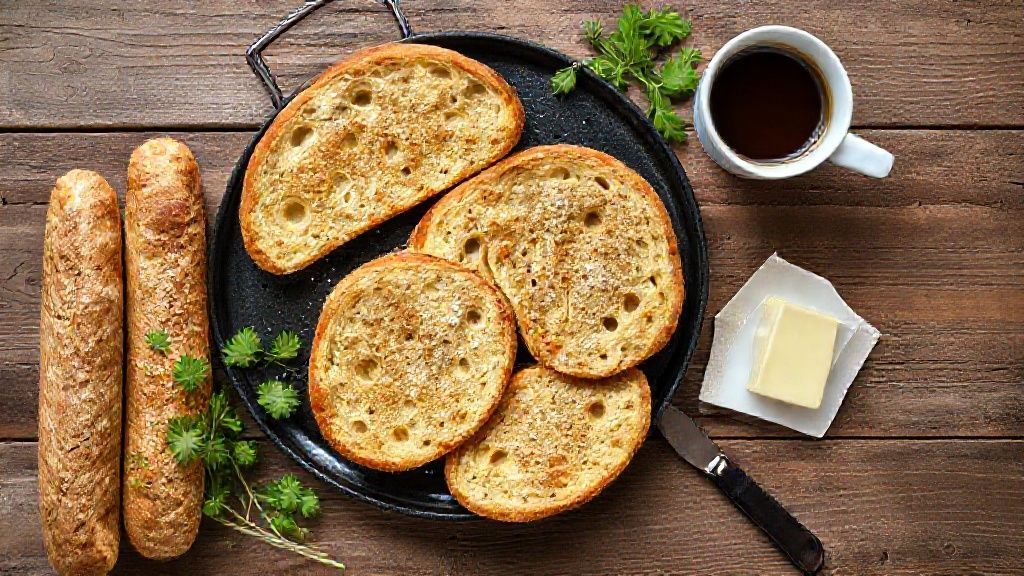 Visão de cima com pães franceses, manteiga, faca e café dispostos sobre uma bancada