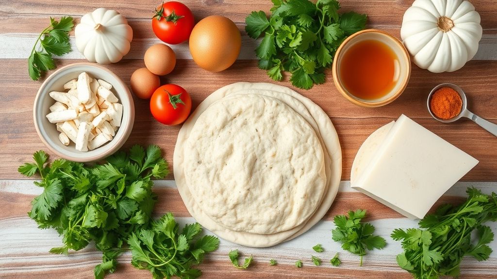 Visão de cima com farinha, fermento, azeite, sal e água organizados em tigelas sobre bancada de madeira