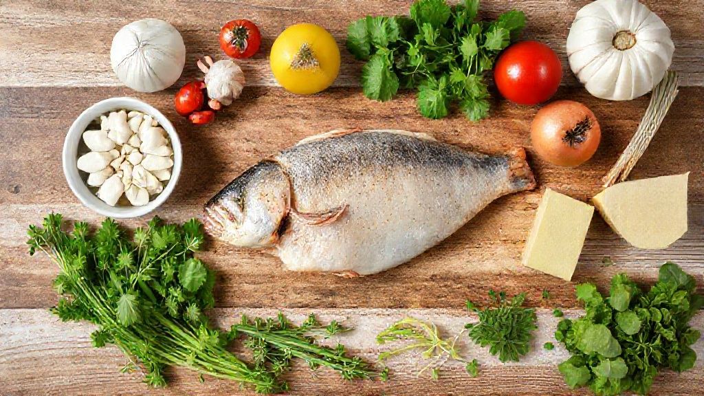 Ingredientes frescos e coloridos — peixe limpo, ervas, alho, limão, tomates e azeite dispostos em bancada rústica.