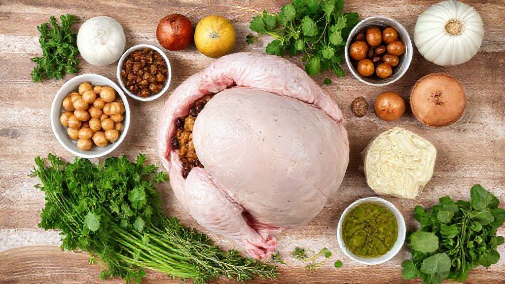 Ingredientes do peru assado com castanhas e uvas passas organizados em uma bancada de madeira