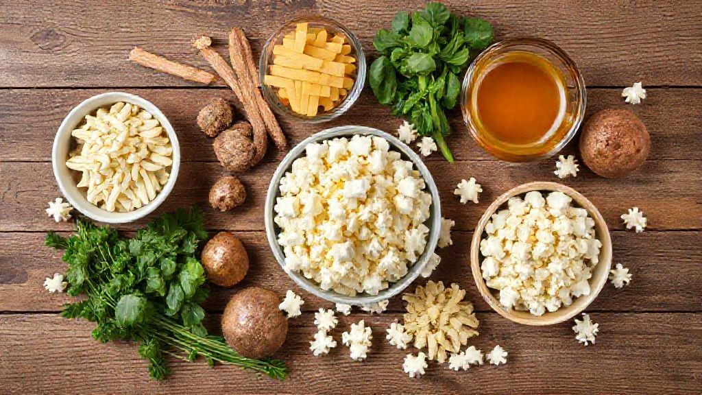 Visão de cima com açúcar, milho, óleo e baunilha dispostos sobre bancada rústica