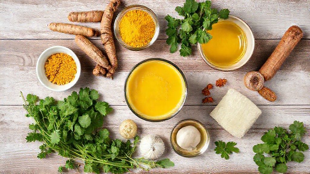 Visão de cima mostrando leite, açafrão em pó, canela, pimenta e mel organizados sobre uma bancada