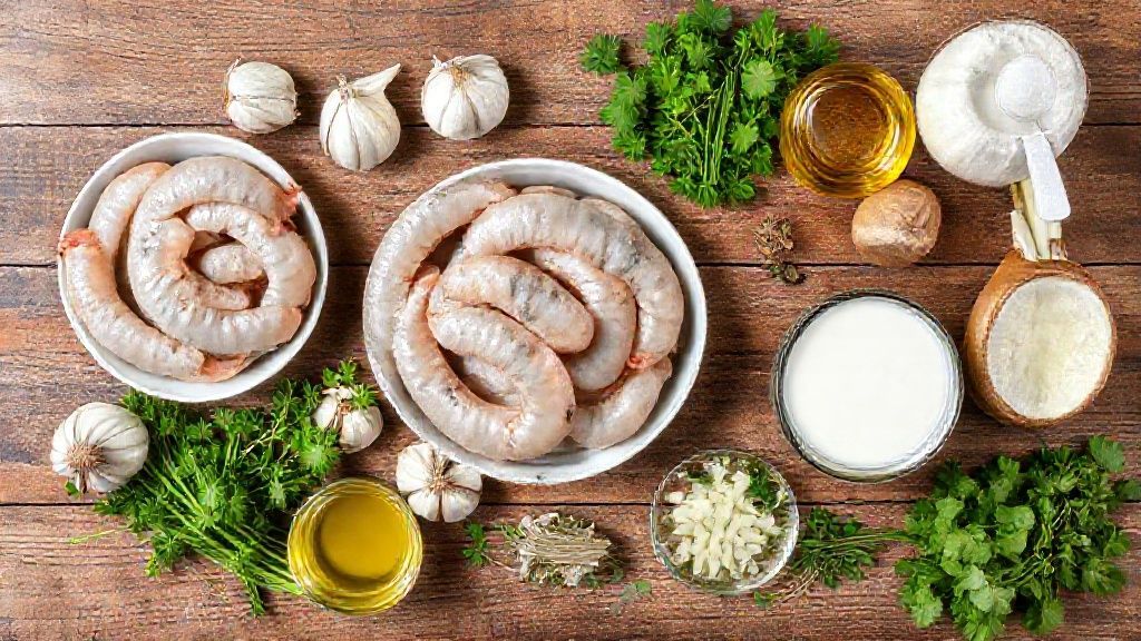 Ingredientes frescos como camarões, alho, cebola, leite de coco e azeite dispostos sobre uma bancada rústica