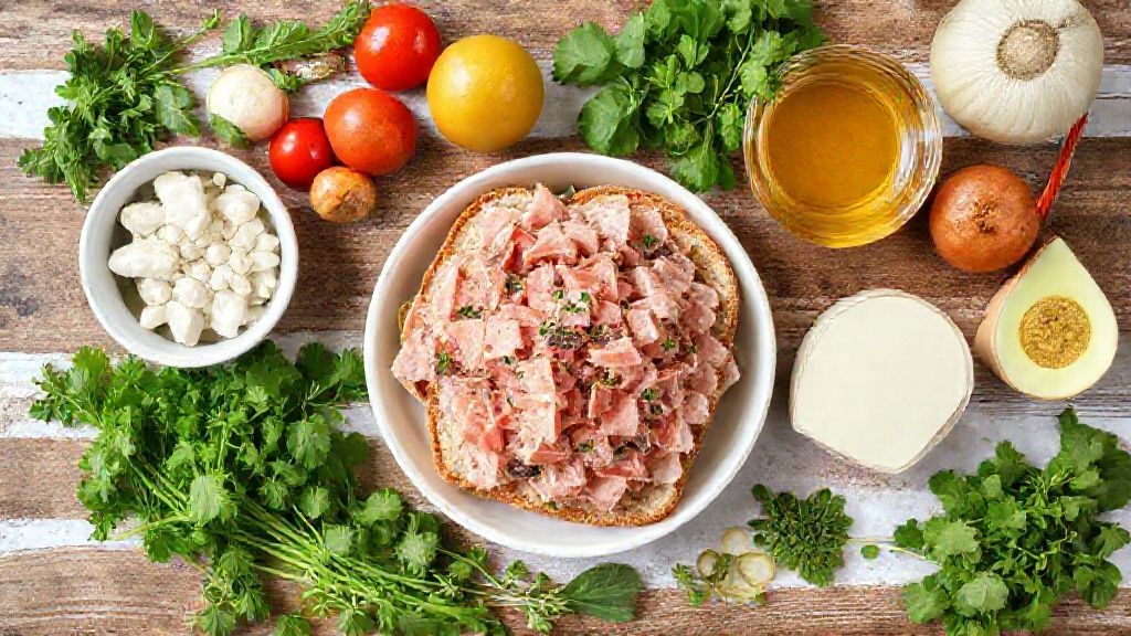 Visão de cima com os ingredientes frescos da salada, incluindo tomates, pepino, cebola roxa, pão e atum
