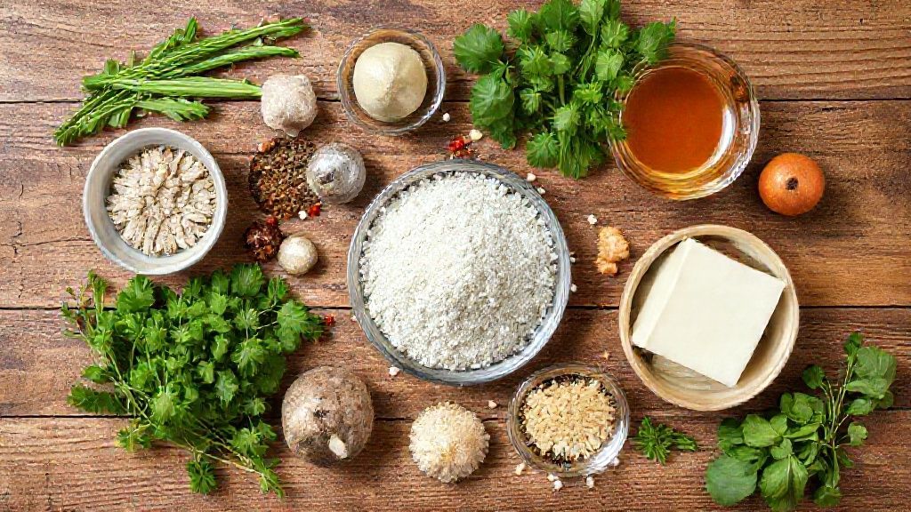 Visão de cima com alho, cebola, ervas frescas, sal e azeite organizados em bancada de madeira