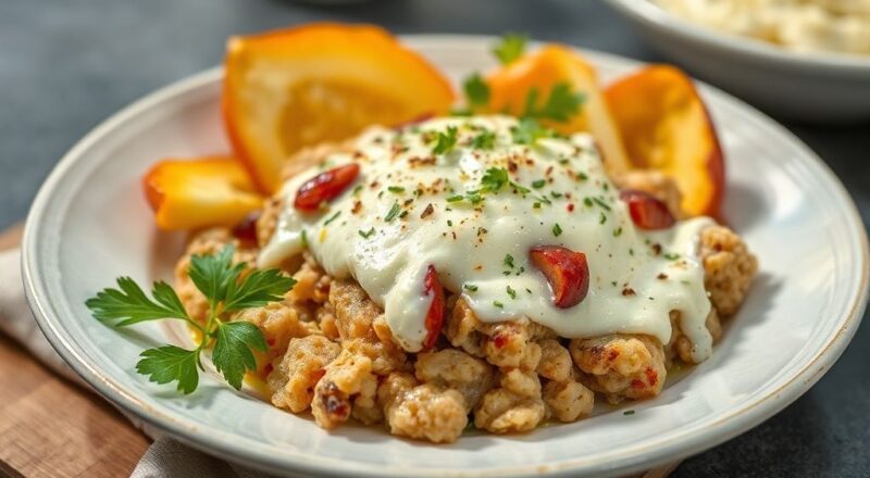 Kibe de forno com catupiry finalizado, dourado e com recheio cremoso, servido em refratário elegante