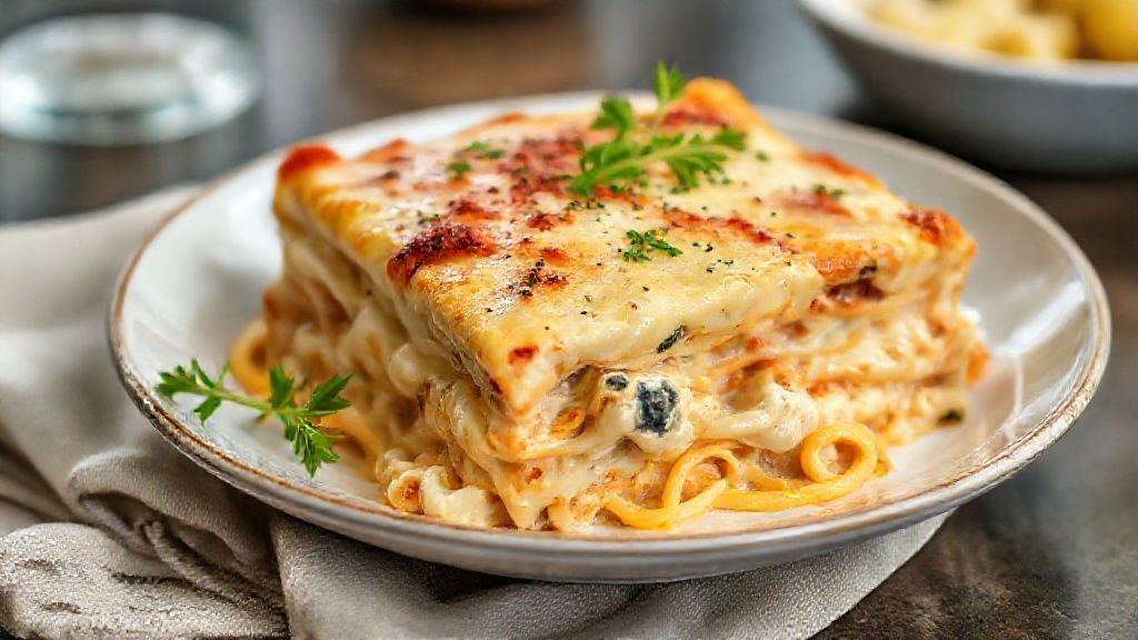 Lasanha de frango cremosa com queijo gorgonzola derretido e molho dourado, perfeita para servir em família