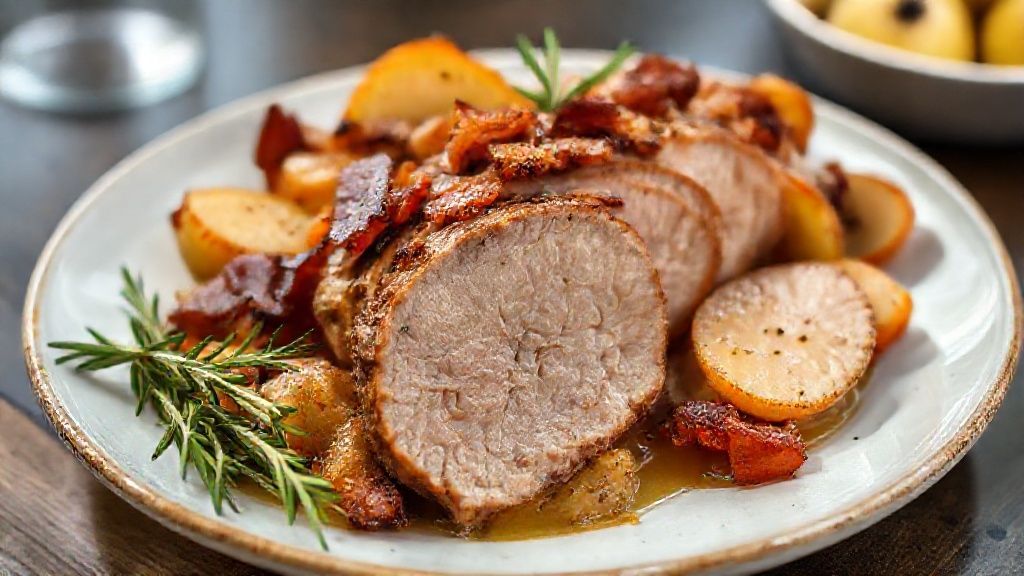 Lombo de porco assado dourado coberto com tiras de bacon crocante e maçãs caramelizadas em volta