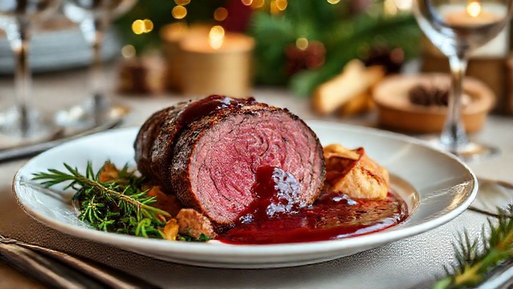 Lombo de veado fatiado, servido com molho de vinho tinto e ervas frescas, em prato elegante natalino