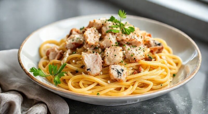 Prato de macarrão com atum pronto, servido em tigela branca com molho suave e toque de parmesão.