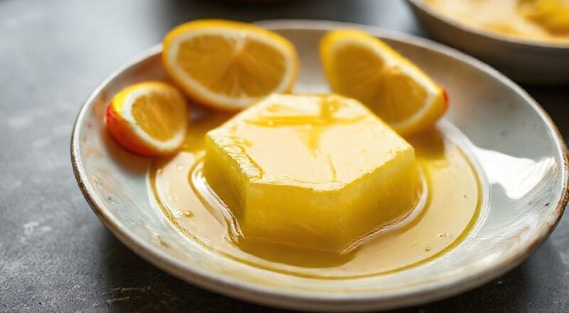 Pote de manteiga ghee dourada pura, com brilho intenso, textura cremosa e cor dourada reluzente sobre bancada rústica