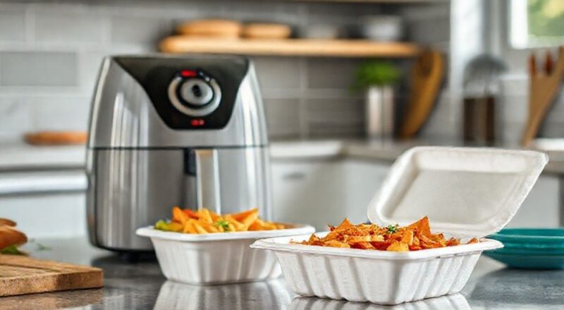 Marmita de isopor próxima a uma airfryer em uma cozinha moderna, destacando o cuidado necessário