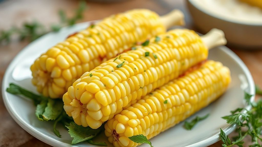 Espigas de milho verde cozidas e brilhantes, servidas com manteiga derretida e sal em uma travessa rústica.