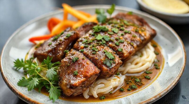 Molho chimichurri pronto, servido em tigela rústica com ervas frescas e azeite dourado