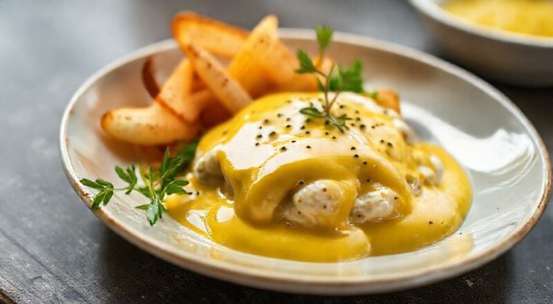 Tigela com molho de mostarda e mel cremoso e brilhante, acompanhada por colher e fundo rústico.