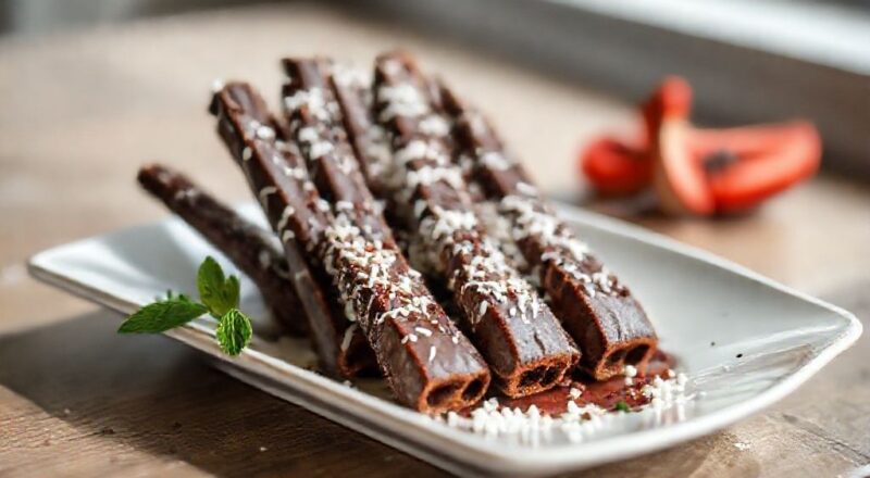 Palitinhos de chocolate dourados e cobertos com chocolate derretido, servidos em um prato elegante