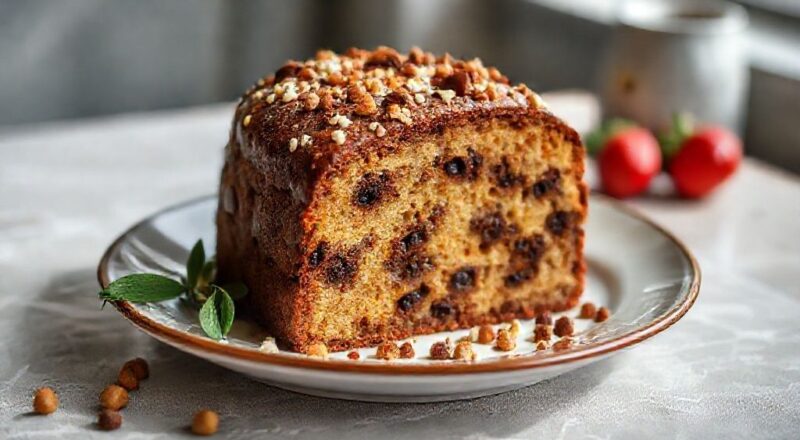 Panetone de brownie dourado e alto, com recheio cremoso de chocolate visível na fatia cortada, decorado com fios de ganache