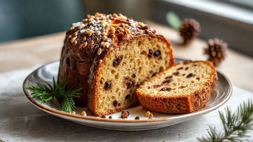 Panetone e chocotone prontos, dourados, recheados e decorados em uma mesa natalina elegante