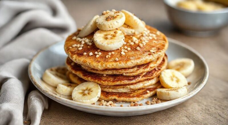 Panquecas douradas empilhadas, cobertas com banana, frutas vermelhas e mel, servidas em um prato rústico de café da manhã